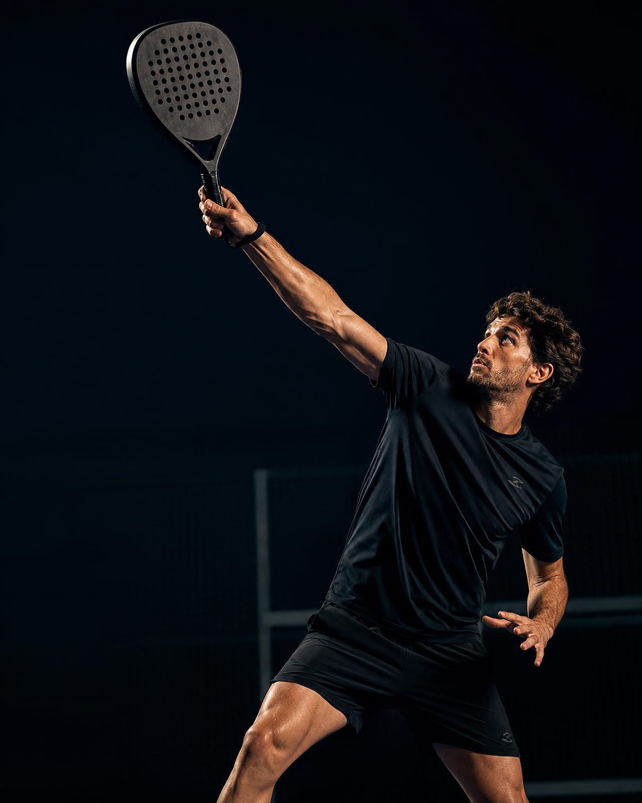 Padel player holding a smart racket, preparing to hit